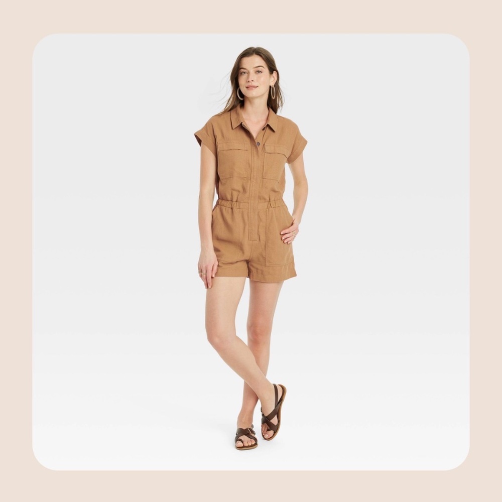Universal Thread Linen Blend Utility Romper Size 8 Brown Cargo Short Sleeve